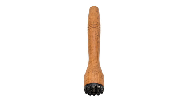 Single wooden cocktail muddler with a textured black head is positioned vertically on a clean white background