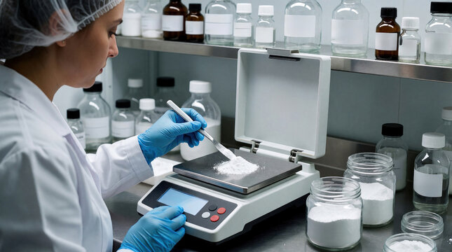 Pharmacist weighs powder for ointment on digital scale. Precise measurement ensures safe drug formulation in clean lab. Healthcare professional prepares medication with care.