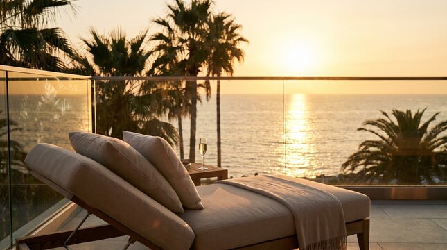 Luxury resort balcony sunbed facing golden ocean sunset with champagne glass