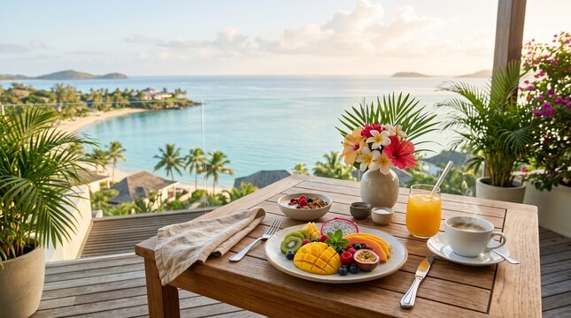 Tropical fruit breakfast platter and coffee on balcony table facing ocean view