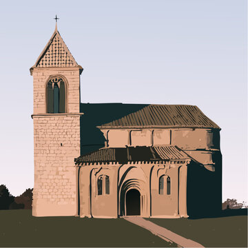 Romanesque church with a bell tower, vector illustration