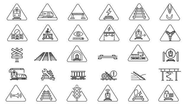 Set of 30 black line icons within triangular frames representing railway safety, track hazards, and transportation infrastructure symbols.