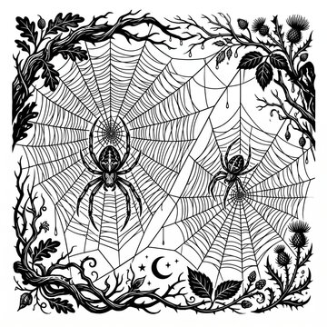 Black and white spider webs with spiders illustration