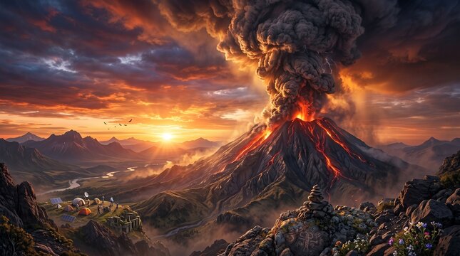Large volcanic eruption with ash cloud and lava at sunset over mountain landscape
