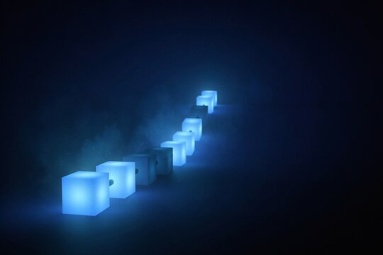 Glowing blue cubes receding in a line through a deep indigo haze