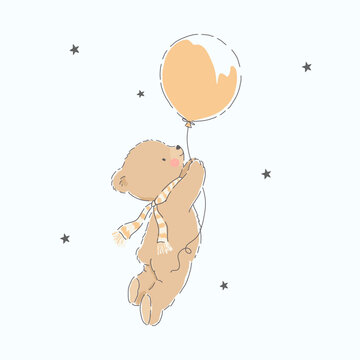 Cute Vintage Teddy Bear with Balloon Vector Illustration, Baby Shower Nursery Design with Stars and Plush Toy