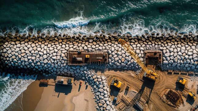 Aerial view of construction work on a rock breakwater. Crane and excavators build coastal defense structure. Workers build foundation near ocean waves.