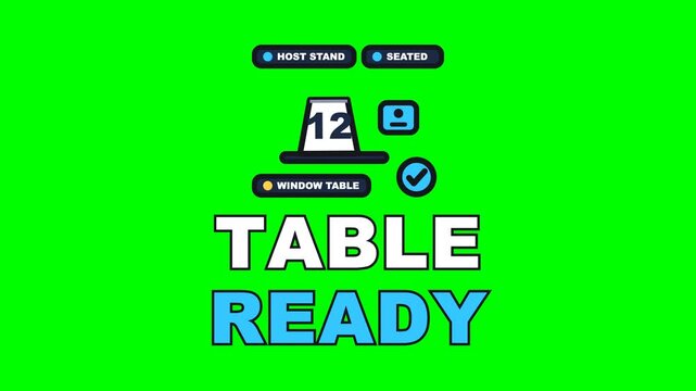 4K green screen TABLE READY animated text - the pager buzzing on the host stand and the table card going up, kinetic typography restaurant overlay for hospitality content, chroma key