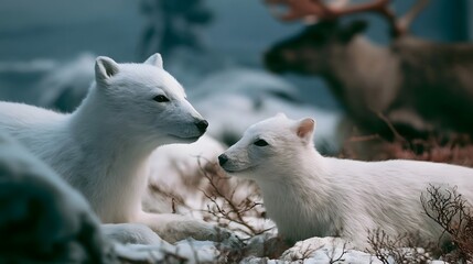 Fototapeta premium Two white arctic foxes resting together in a snowy landscape with blurred background animals