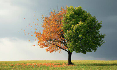 Obraz premium Seasonal change concept with single tree transitioning from green summer to orange autumn with falling leaves on grassy field