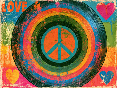 Retro Peace Sign on Vinyl Record with Love Text and Hearts Colorful 1960s Hippie Style Grunge Art