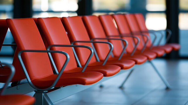 Row of empty red seats in modern airport terminal waiting area with large windows