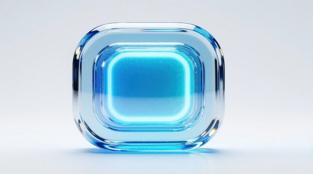 Glowing blue square button rendered in clear glass material, representing modern digital interface elements. Its luminous core signifies technology and innovation.
