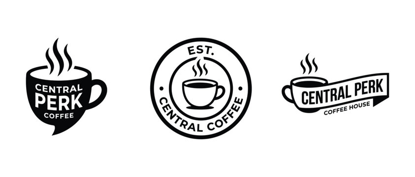 coffee shop logo designs featuring cup illustrations and vintage style typography for branding purposes