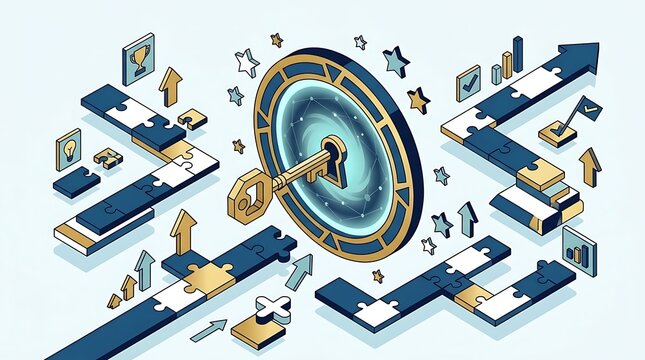 Isometric Business Strategy and Goal Achievement Illustration.