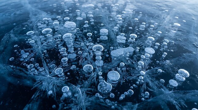 Close-up of frozen bubbles in blue ice with intricate textures and natural lighting