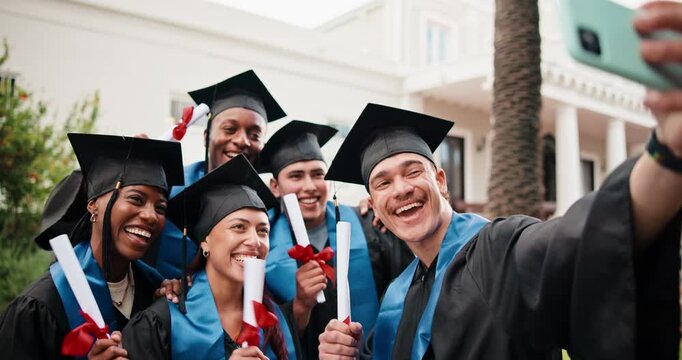 Students, excited and selfie on campus for graduation, diploma achievement and social media memory. Friends, people or happy at event for photography, academic milestone or youth development platform