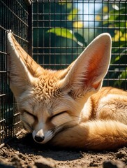 Fototapeta premium Fennec fox slepic curled in wire cage. Sunlight illuminates its large ears and sandy fur. Green leaves blur in background suggesting outdoors.