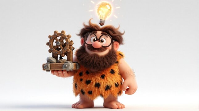 Cute 3D cartoon caveman holds primitive wooden gear machine. Glowing light bulb above head new idea, innovation. Prehistoric man shows early tech invention concept. Creative character discovers smart