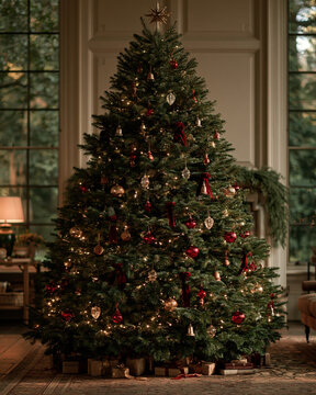 Natural green Christmas tree decoration warm light interior ornament ribbon festive holiday living room evening