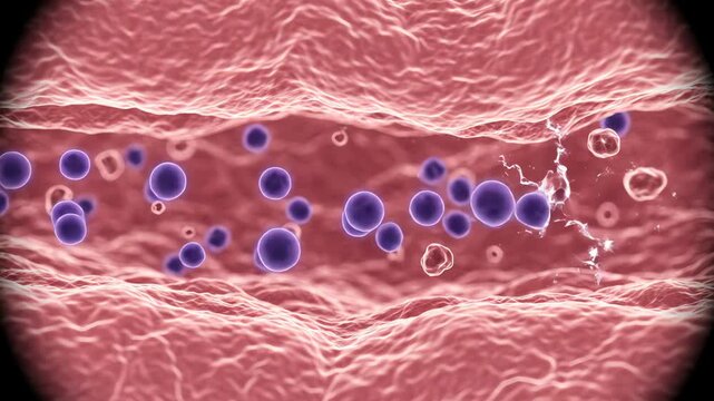 Antioxidants from nutrient-rich food interacting with free radicals inside biological tissue, showing simple antioxidant particles neutralizing unstable free radical activity 