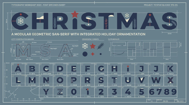 Holiday themed geometric san serif font specimen sheet with integrated