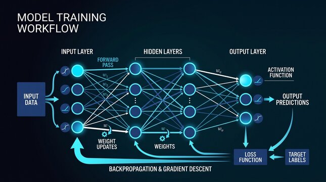 Neural Network Training Workflow Diagram Concept Visualization.