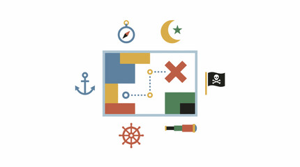 Fototapeta premium Treasure Map Illustration Featuring Nautical Navigation Icons and Exploration Symbols for Adventurous Journey Concept