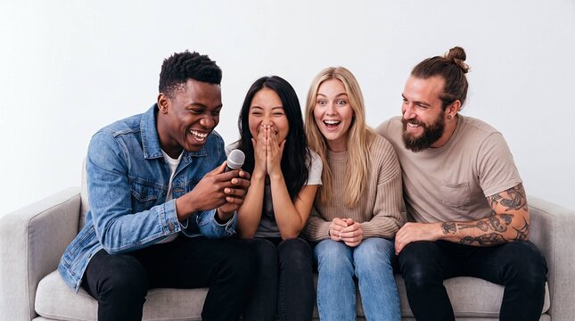 Diverse Group of Friends Laughing Together on Sofa