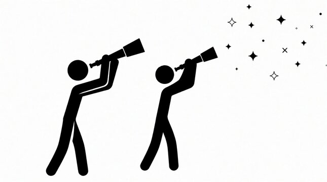 Two stickman figures look through telescopes at distant stars. Black silhouette people explore cosmos, universe. Minimalist illustration shows science discovery, space research, future vision. Simple