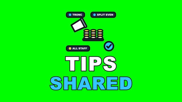 4K green screen TIPS SHARED animated text - the jar going over and the tronc splitting it level across the team, kinetic typography bar overlay for drinks service content, chroma key