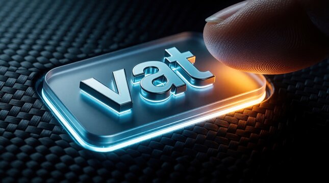 Close up of human finger pressing glowing VAT text on digital screen. Person touches illuminated value added tax button on dark carbon fiber background. Concept of online tax payment, financial