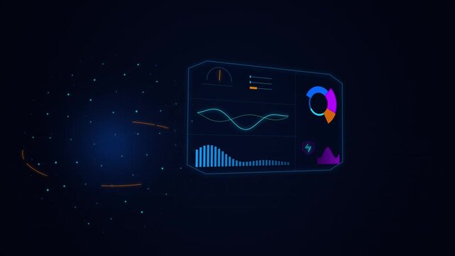 Digital hud interface with animated data analytics, financial charts, and network connectivity graphs for business technology presentations