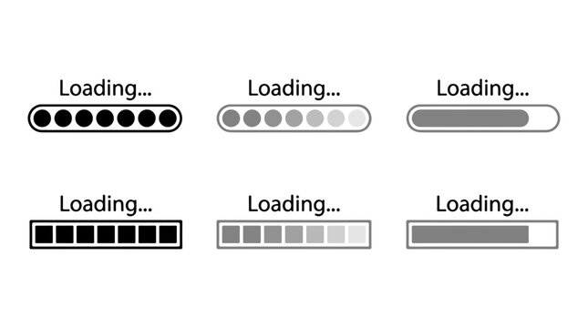 Set of six different loading bars with progress indicators in a flat style on a white background, for web interface, development usage