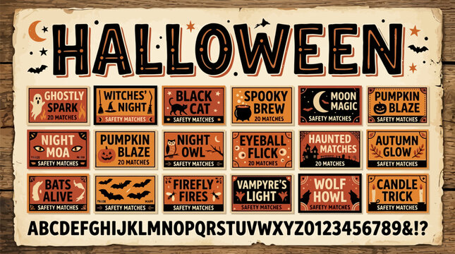 Halloween themed matchbook collection with vintage style matchbook