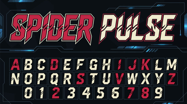 Bold futuristic font set displayed with uppercase letters numbers