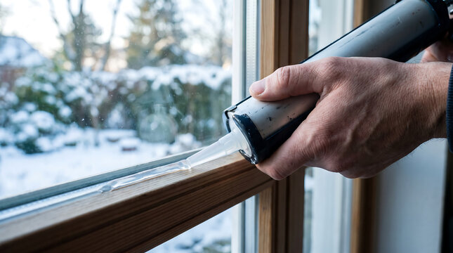 Hand applying sealant with caulking gun to wooden window frame for winter weatherproofing with snowy forest visible outside