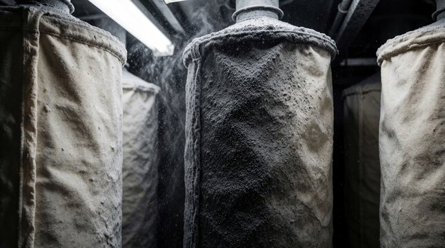 Industrial cloth filter bags coated with protective layer collect carbon black particles during air filtration process. Dust accumulates on filter material inside pulse jet system.