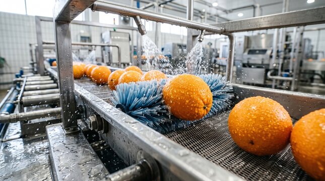 Automated Industrial Washing Line Cleaning Fresh Ripe Oranges for Juice Production in a Modern Food Processing Facility