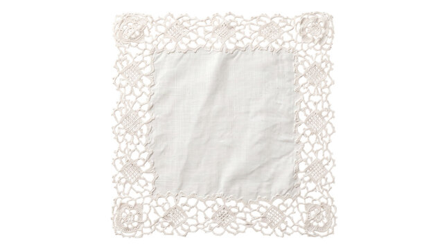 Ivory square doily with floral lace corners on a transparent background