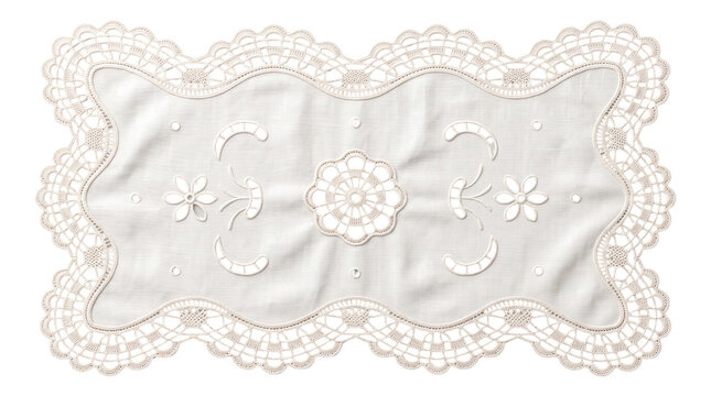 Ivory rectangular doily with floral cutwork embroidery on a transparent background