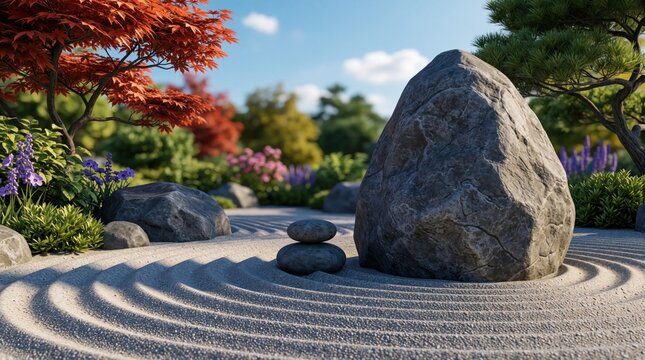 Close up of large stones in a raked sand zen garden. Japanese maple tree with red leaves provides shade. Lush green bushes and purple flowers create a peaceful, tranquil scene.