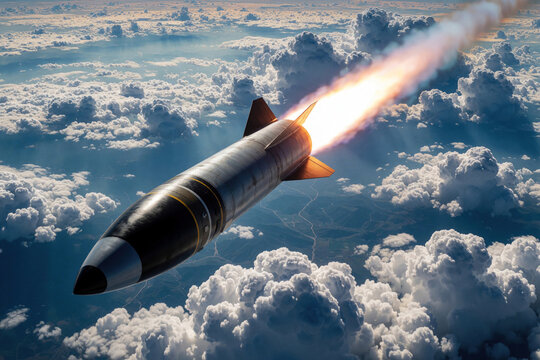 Hypersonic missile flies fast above clouds with bright engine fire. Advanced weapon travels high altitude on military mission. Fast projectile soars through sky, leaving smokey trail.