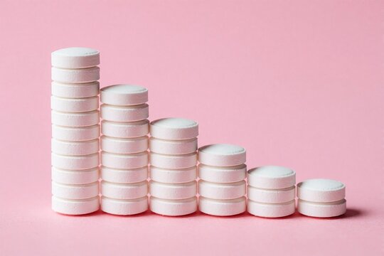 White pills stacked in decreasing columns on pink background. Represents declining healthcare costs or drug sales. Visualizes medical business trends.