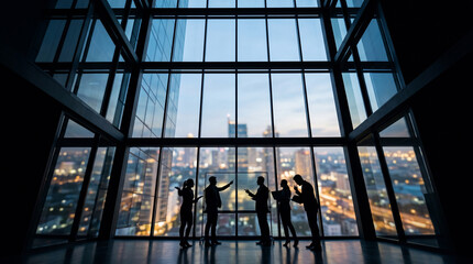 Fototapeta na wymiar Silhouette of business team in high-rise office at night