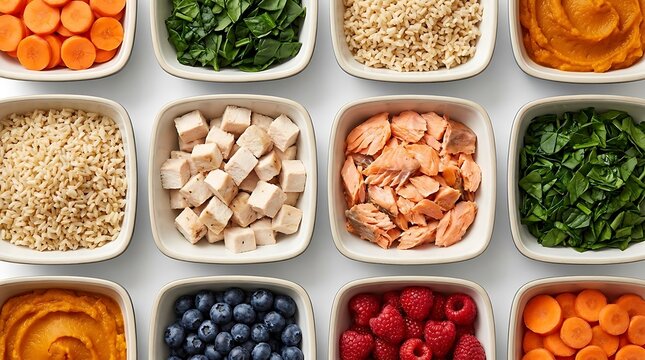 Top view of various healthy food ingredients in small square bowls for meal preparation. canine diet chart