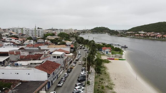 Drone footage aerial view Praia de S&atilde;o Bento, Itajuru Canal, Cabo Frio, Rio de Janeiro state, Brazil 