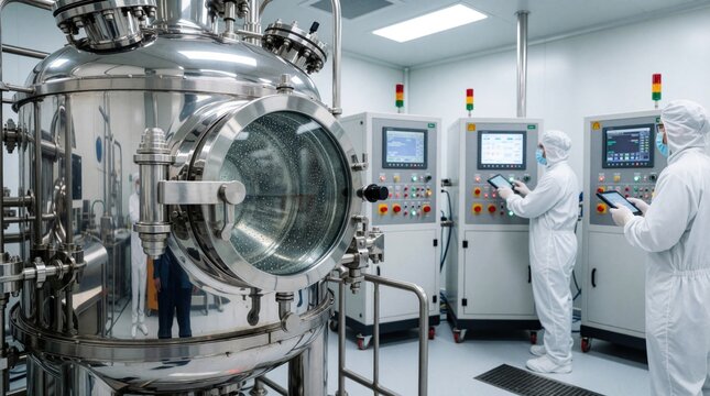 Technicians in white hazmat suits monitor automated polymerization reactor using digital tablets in high tech lab. Workers perform CleaningInPlace CIP procedure on large stainless steel industrial