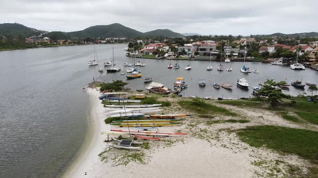 Drone footage aerial view Itajuru Canal, Cabo Frio, Rio de Janeiro state, Brazil