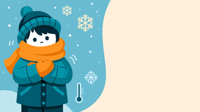 Cute vector illustration of a boy wearing a warm winter coat, scarf, hat, and mittens shivering in falling snow with copy space.   